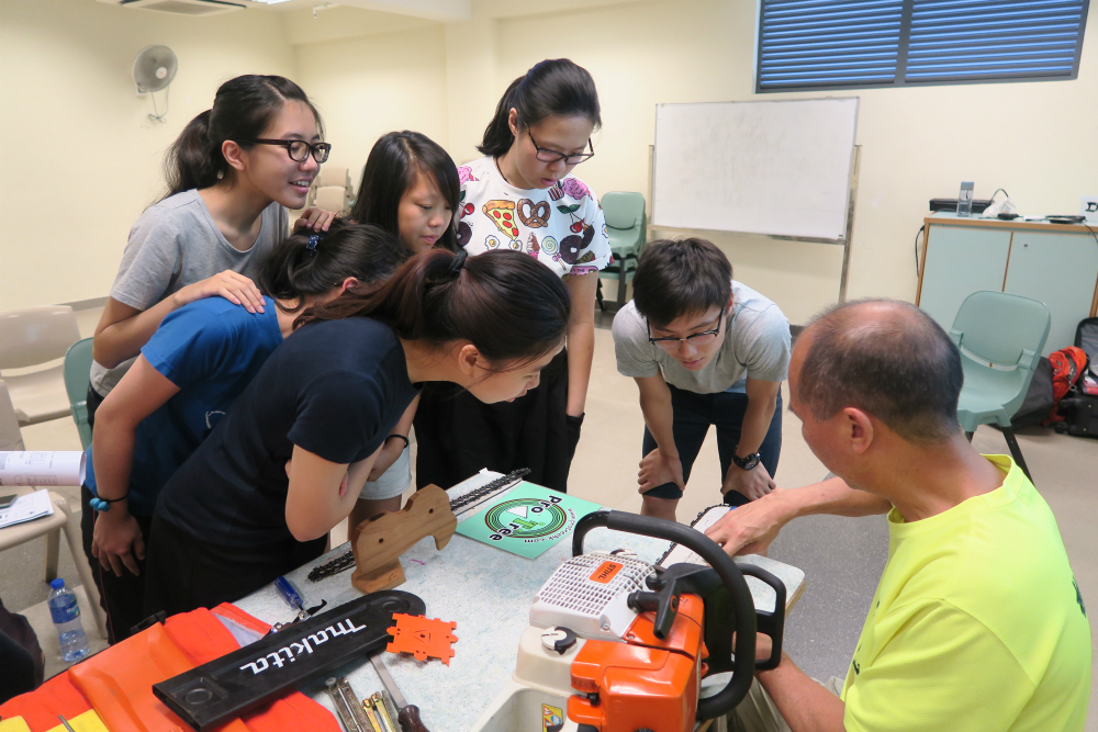 The teacher explains the safety components of the chainsaw to CIE Tree Management students.