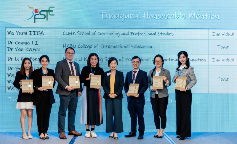 (5th from left) Dr. Christine Choi Yuk-lin, JP, Secretary for Education of the HKSAR Education Bureau, presented the awards to the four institutions recognised with the Honorable Mention.
