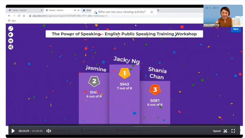 To consolidate what the students learnt in the first part of the workshop and prepare them for the individual presentation activity, Kahoot quiz based on the 4-step process was used.