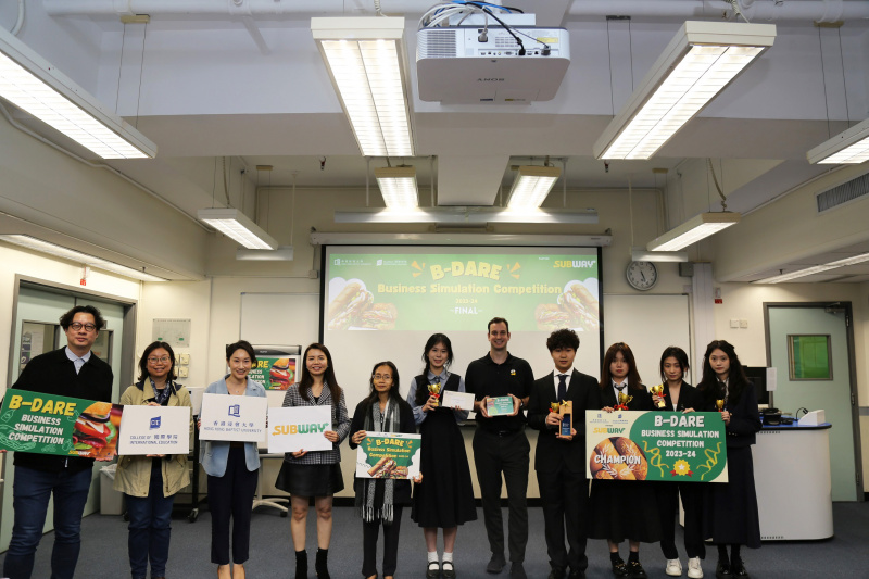 Dr. Connie Li (3rd left), Senior Lecturer of the Division of Business, the two judges Ms. Agnes Leung and Mr. Jamie LeBrun (4th and 7th left), and lecturers joined the Champion team for group photo.